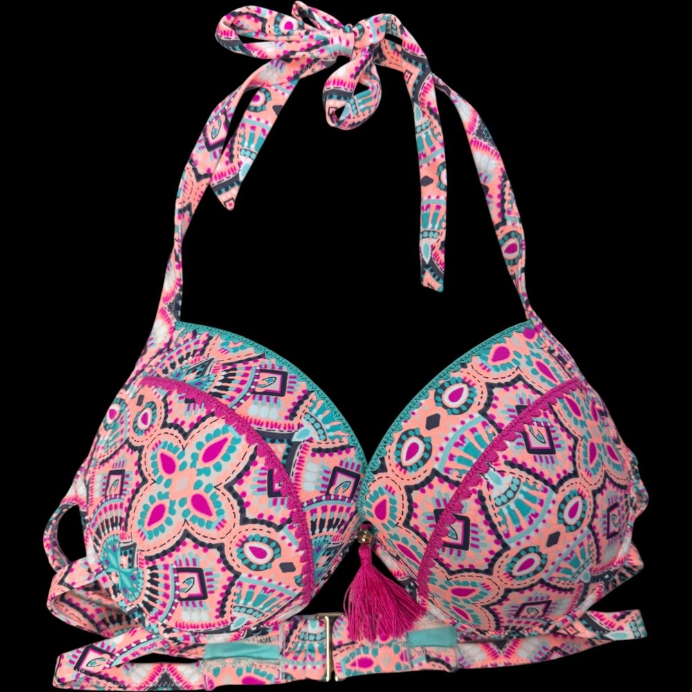 Shade Shore 34D Coral Geometric Print Halter Bikini Swim Top Tassel Accent‎